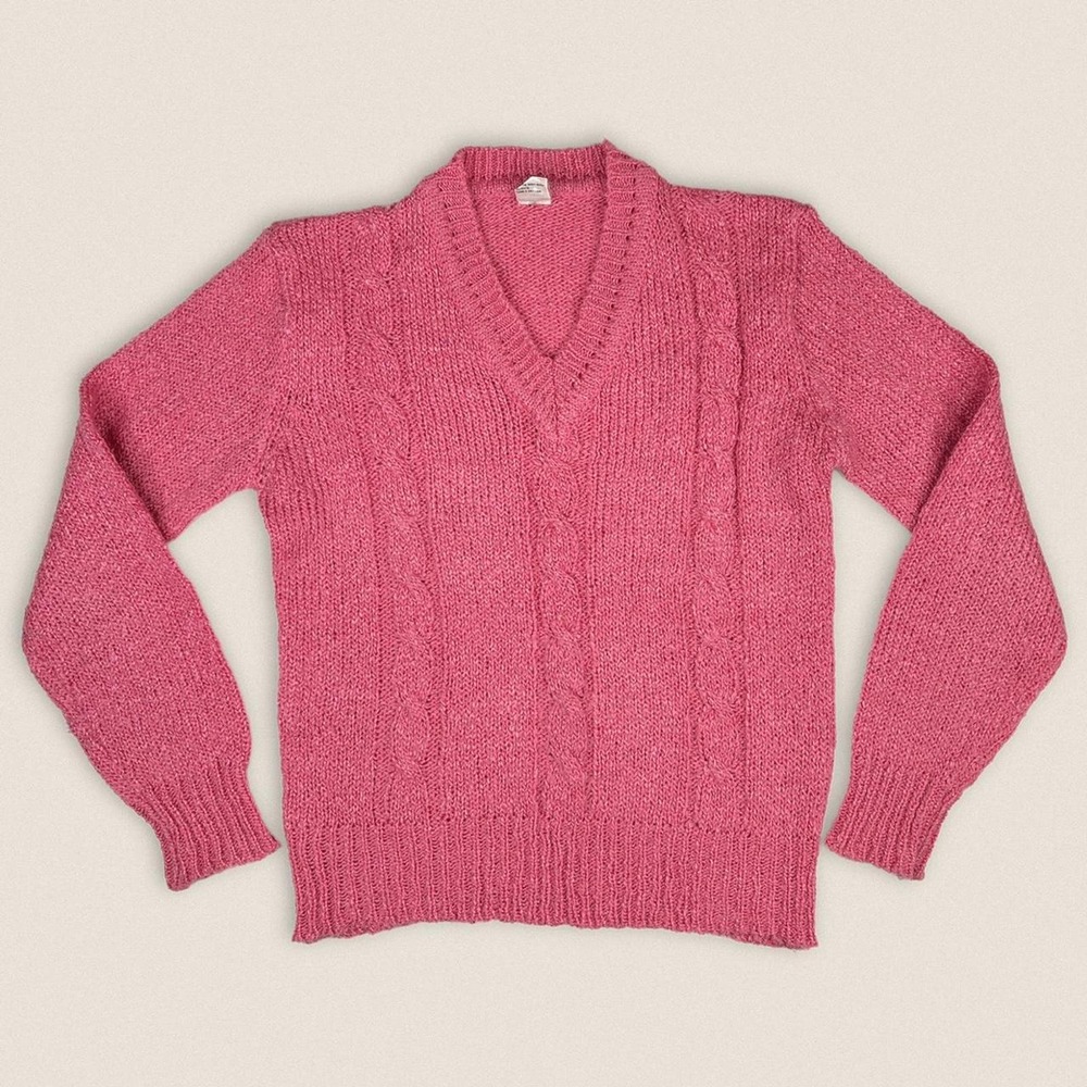 Vintage 70s grandma V neck Sweater pink Missk Acrylic‎ Size Medium